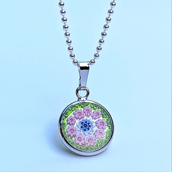 Murano Jewelry - Italian Artisan Handcrafted Murano Millefiori Glass Pendant • Pink • Green